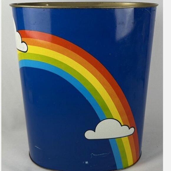Vintage 70s 80s Cheinco Blue Rainbow Metal Tin Trash Can Wastebasket Retro - Picture 1 of 7
